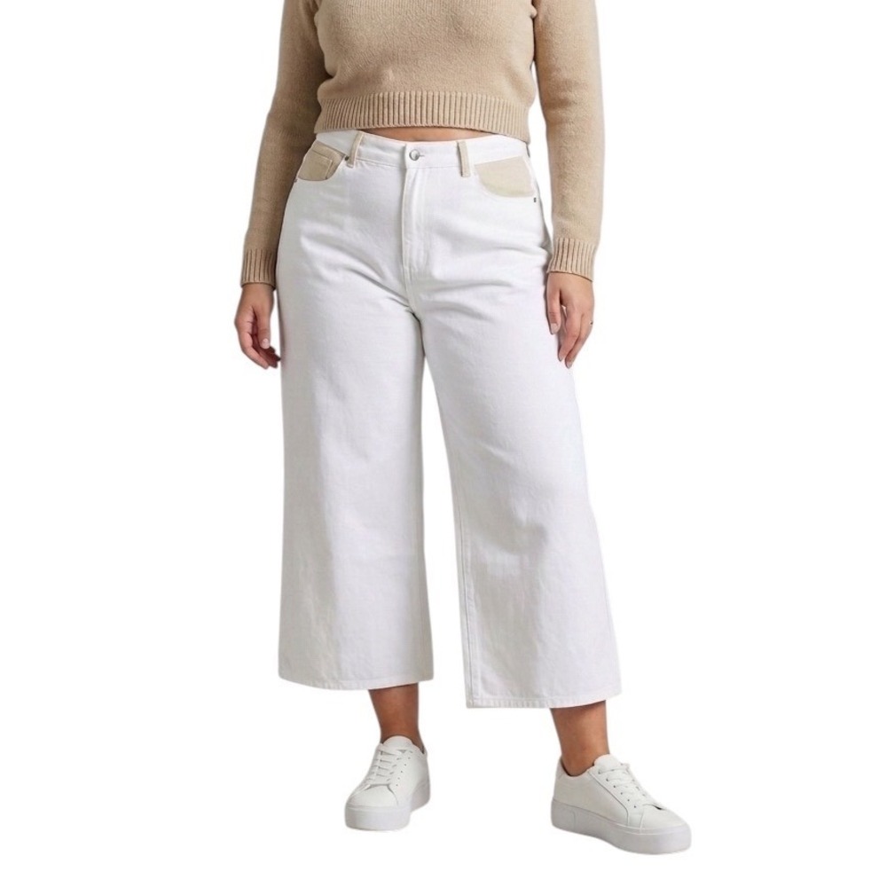 VRG GRL Womens White Wide Leg Denim Pants Tan Contrast Pockets Size 12 NEW